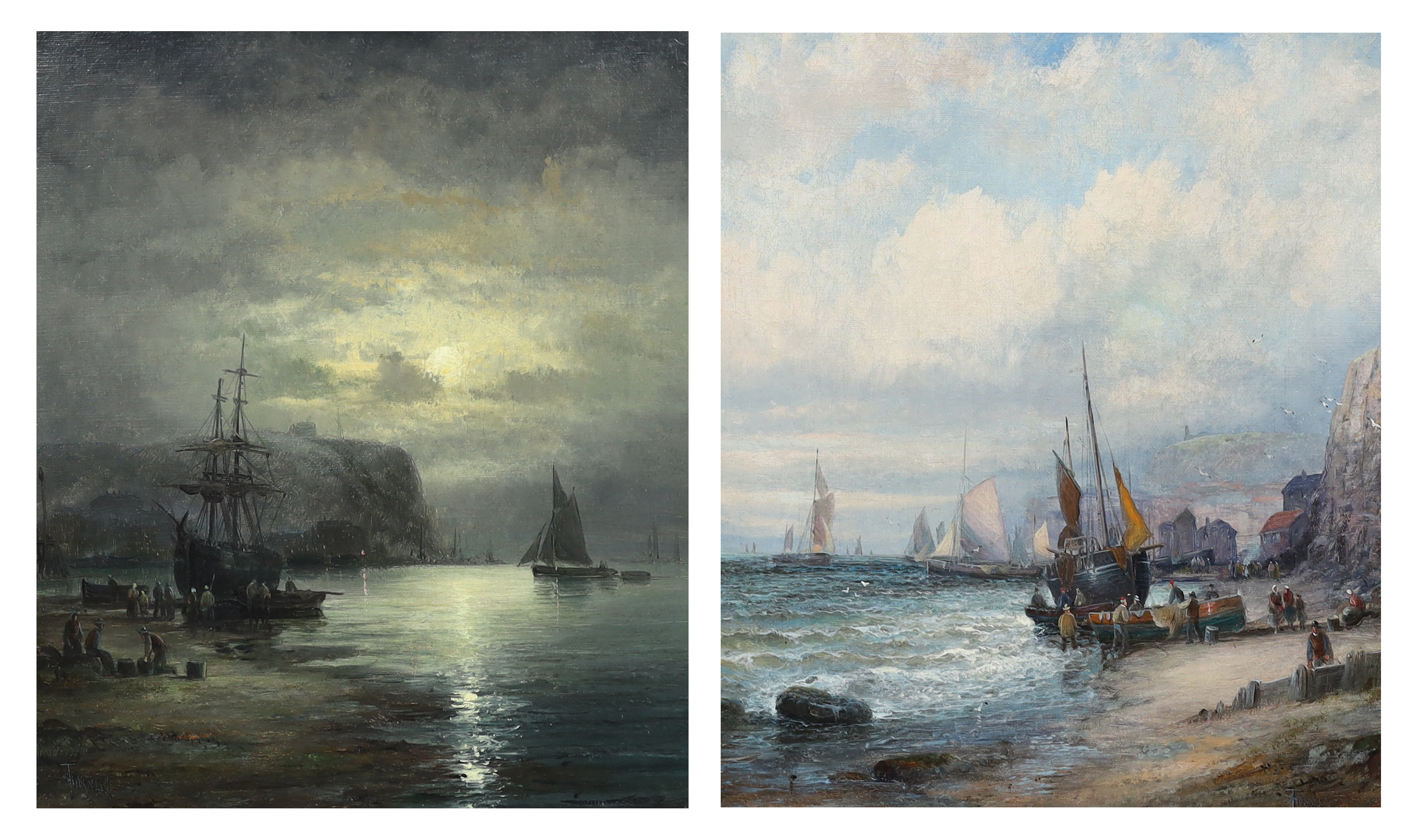 Hubert Thornley (William Anslow Thornley) (fl.1859-1898), Fisherfolk along the coast at Whitby by day and night, oils on canvas, a pair, 35 x 30cm